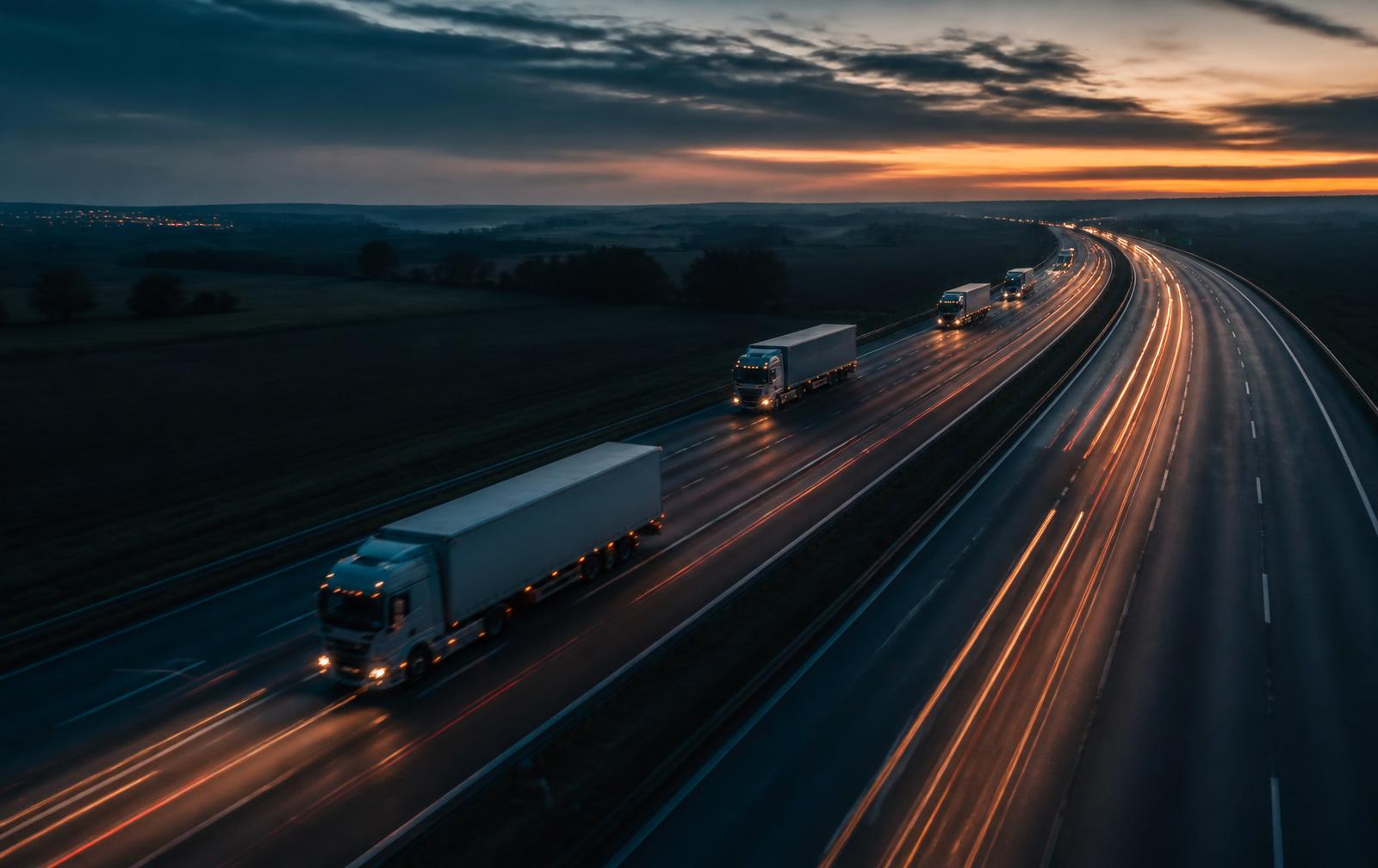 Flota de transporte en carretera al atardecer